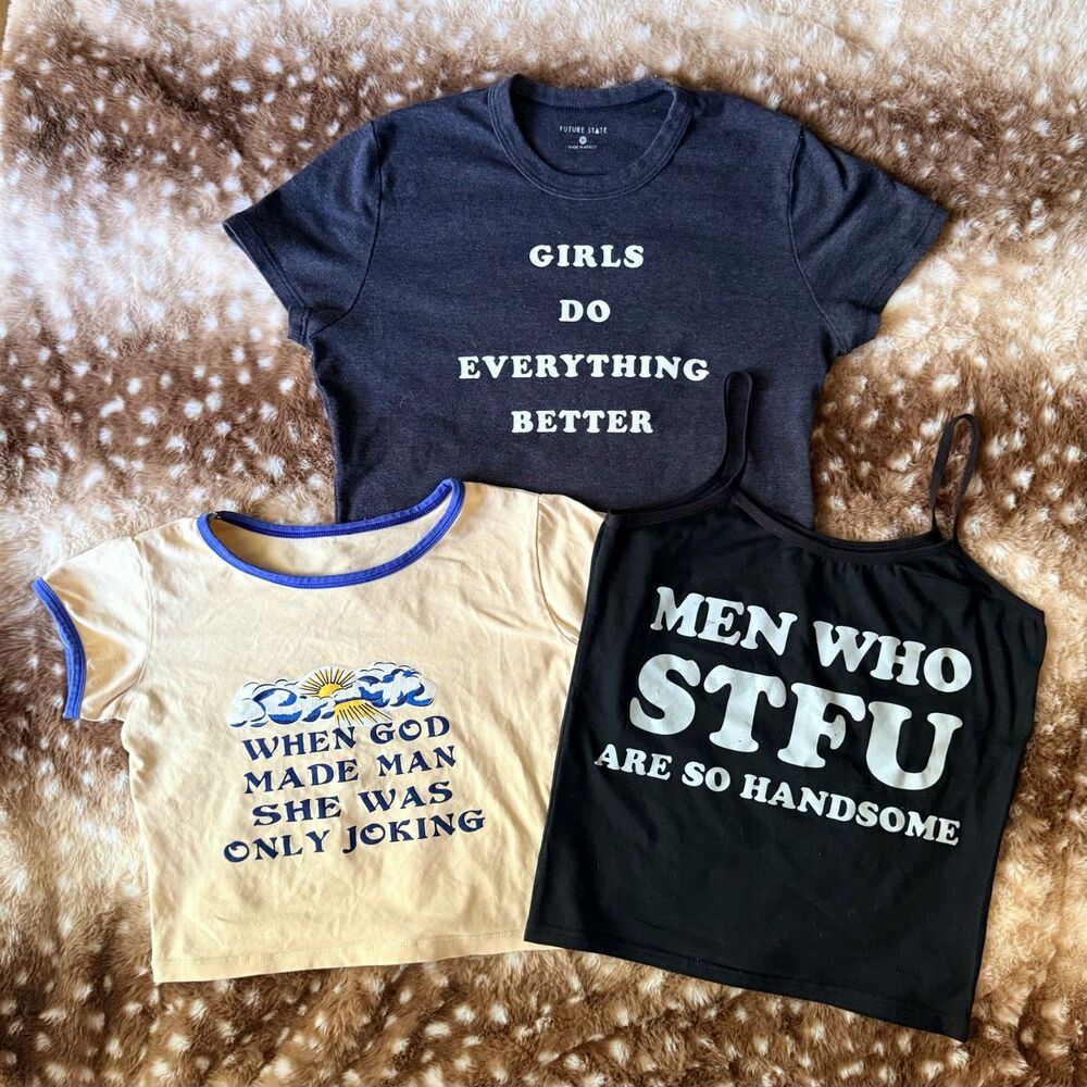 Y2K feminist graphic baby tee crop top bundle Urban Outfitters funny quote tops